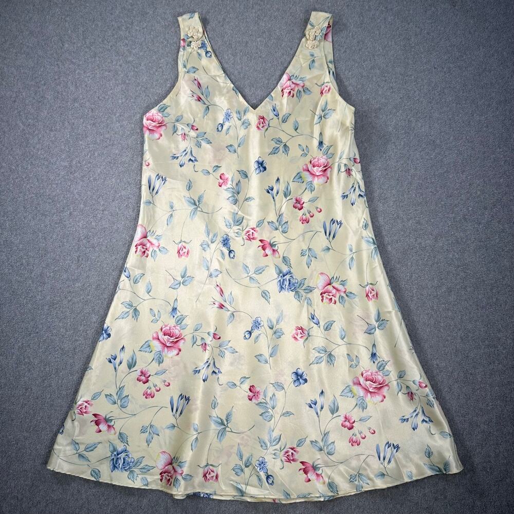 Intimate Essentials Vintage 90's Satin Slip Gown Women's Medium Yellow Floral